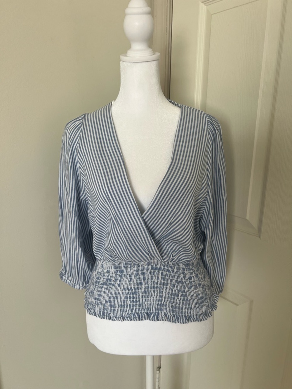 Elan Blue & White Striped Wrap Smocked-Hem Blouse
